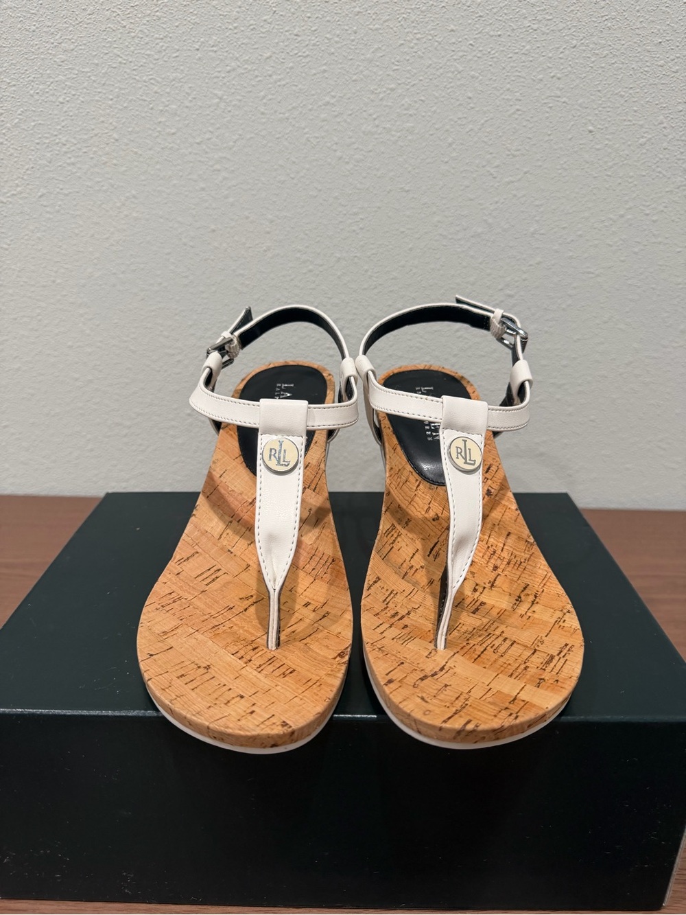 Ralph Lauren White Cork Wedge Thong Sandals with RL Medallion- Size 8.5